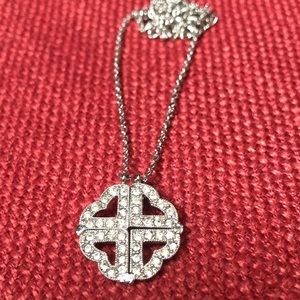 Necklace, silver tone, converts from 4 hearts to a 4 leaf clover, shiny stones